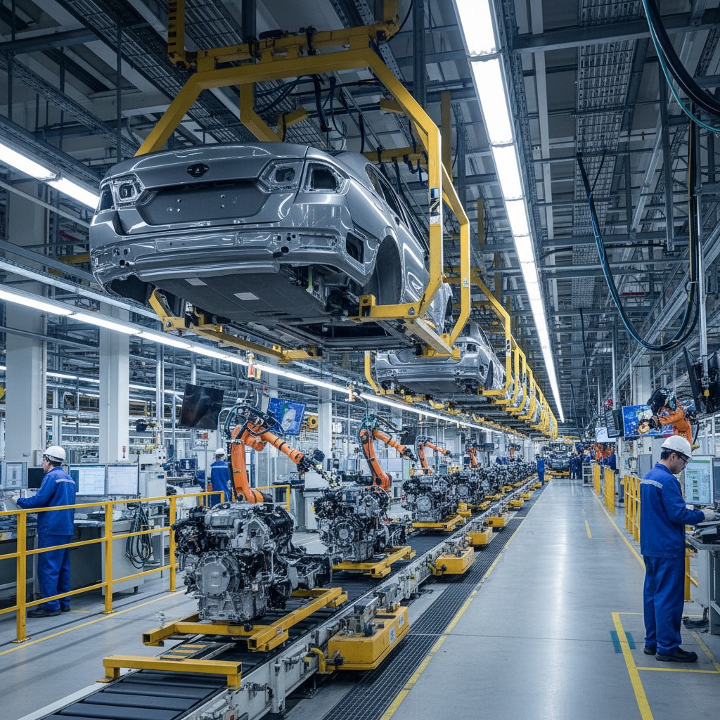Otomotiv fabrikasında montaj hattında çalışan işçiler ve havada taşınan araç gövdeleri.