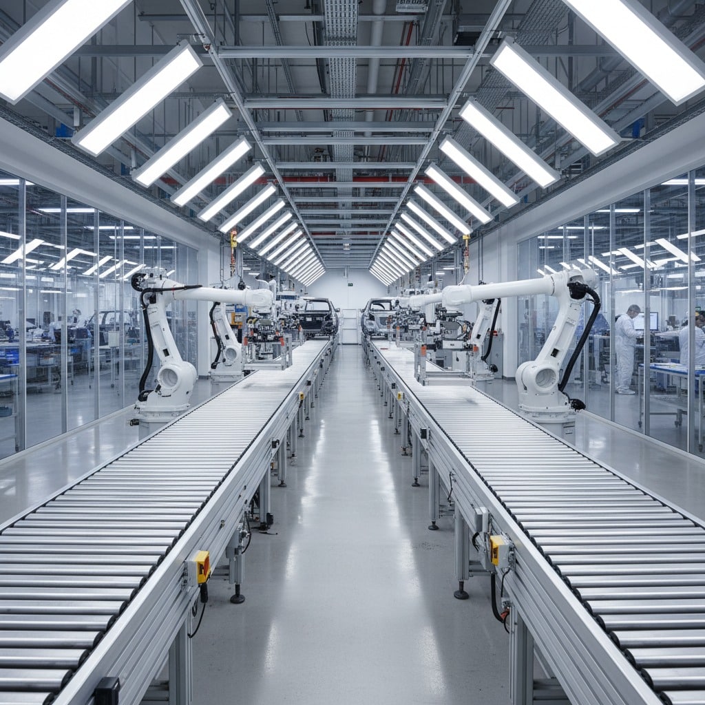 İki uzun konveyör bandının ve montaj robotlarının bulunduğu modern otomotiv üretim tesisi.